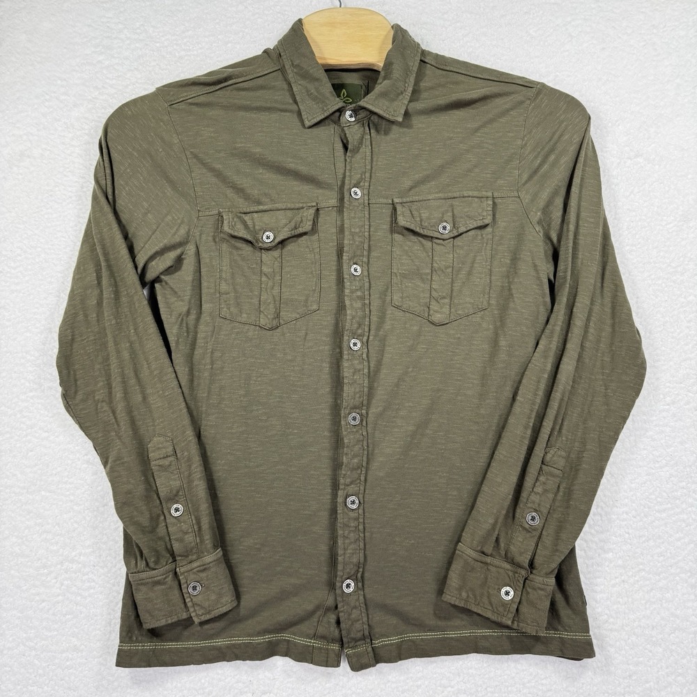 prAna Shirt Mens Medium Green Gorpcore Button Up Long Sleeve Hiking Outdoors